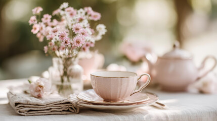 Fototapeta premium Delicate tea setting with pink flowers, teacup, and teapot creates serene atmosphere
