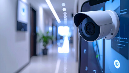 Surveillance Security: A close-up perspective of a sleek, modern security camera, vigilantly overseeing a bright corridor within a commercial building, signifying safety and protection.