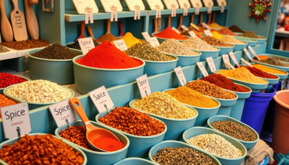 Fototapeta premium Spice market with colorful powders and herbs displayed in bowls, vibrant and aromatic, inviting for culinary use, lively market scene with various spices and seasonings