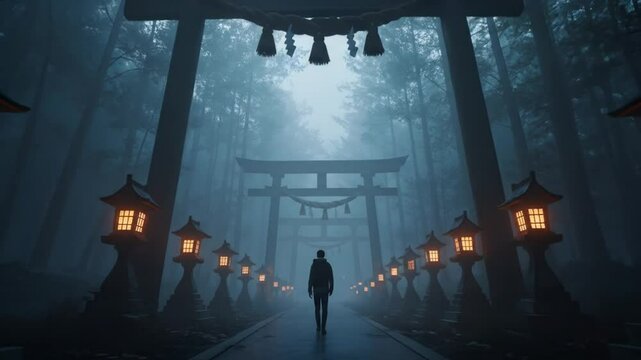 Person Walking Through Forest Path Lined With Torii Gates and Lanterns