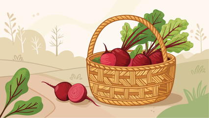 Beetroot Illustration vector design, Beetroot in wicker basket in natural background vector design