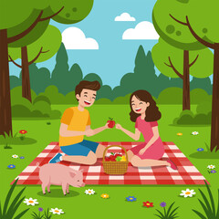 Couple Enjoying Picnic with Fruits in a Serene Green Park