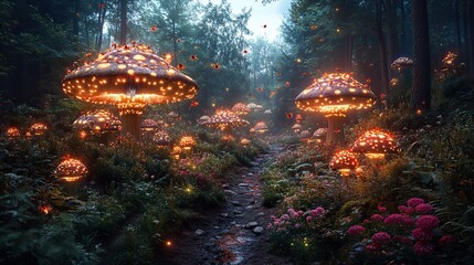 A fantastical garden filled with giant, luminous mushrooms, glowing plants, and strange, colorful insects flitting through the magical air