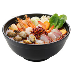 A vibrant bowl of seafood ramen with fresh ingredients, garnished with spices, set against a blurred kitchen background