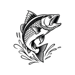 Fototapeta premium Black and white illustration of a bass fish jumping out of the water