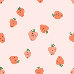 Seamless pattern of strawberry with green leaves on pastel pink background vector.