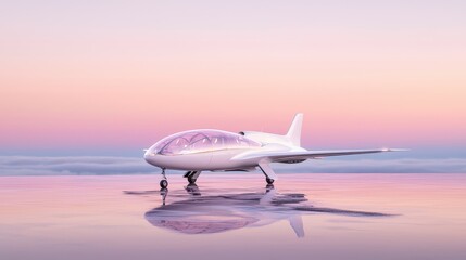 Obraz premium A futuristic airplane with a transparent canopy on a reflective floor, soft glow, copy space on the left, premium ad aesthetic