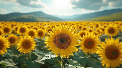 Obraz premium A field of sunflowers in full bloom turns their bright yellow faces towards the sun, a symbol of joy and optimism