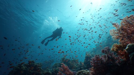 Fototapeta premium Diver exploring vibrant coral reef. Sunlight streams through the water, highlighting a school of fish