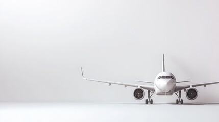 A minimalist airplane with a single curved wing, white studio, copy space on the left, bold ad aesthetic