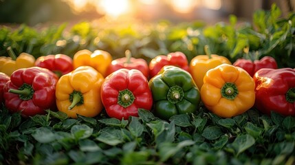 Fresh colorful bell peppers on the ground