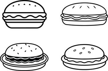 vada pav and burger silhouette symbol illustration set, Vada Pav and Burger Line Art Icons Vector Set of Indian Fast Food Outlines, set of black and white food icons.