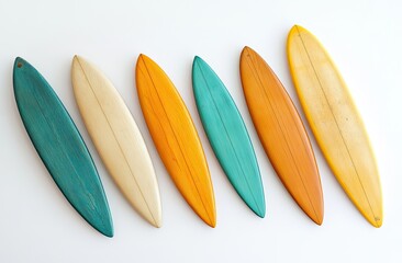Vintage surfboards in a row, various colors.  Different shades of teal, beige, orange, and yellow are used in a display.  They are displayed horizontally