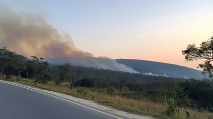 Naklejka premium A serene road stretches through a dense forest of tall pine trees under a clear sky.