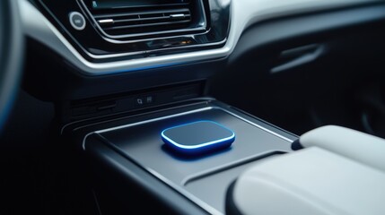 A futuristic wireless car charger mounted on a dashboard, glowing blue LED indicator, clean and tech-inspired setup.