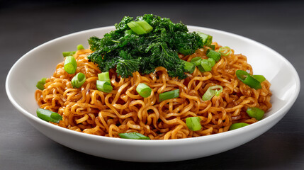 Spicy Noodles with Greens: A delicious bowl of spicy noodles, garnished with vibrant green vegetables, is presented in a simple white bowl against a dark background.