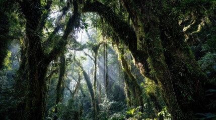 Naklejka premium Lush forest canopy bathed in sunlight. Sunlight filtering through dense jungle foliage