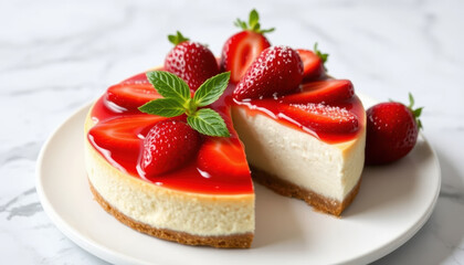 Delicious strawberry cheesecake with fresh fruit and mint garnish on white plate, showcasing creamy texture and vibrant red topping, perfect for dessert or special occasions