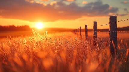 Obraz premium A field of tall, swaying grass bathed in the warm, golden light of a setting sun, with a lone, weathered fence stretching towards the horizon