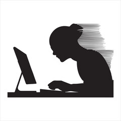 Silhouette Of A Woman Working On Computer With Graphic Motion Effect.