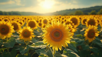 Fototapeta premium A field of vibrant sunflowers in full bloom, their faces turned towards the bright summer sun under a clear blue sky