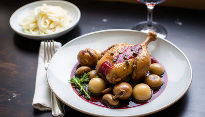 Roasted chicken leg with mushrooms and herbs served on white plate, accompanied by side of pasta, glass of red wine, and fork on dark wooden table, creating elegant dining scene