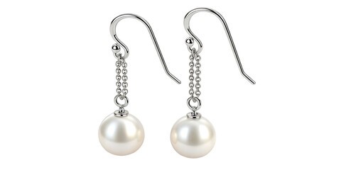 Graceful Pearl Drop Earrings Suspended from Silver Chain on Transparent Background, AI Generated
