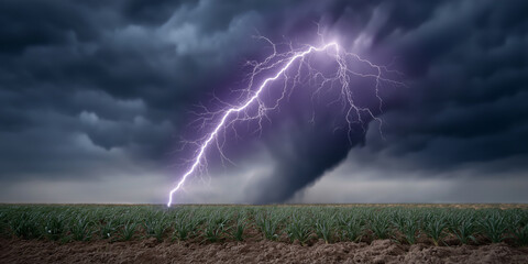 Storm's Fury: A dramatic and powerful lightning bolt strikes down, illuminating a swirling tornado set against a menacing, cloud-filled sky.