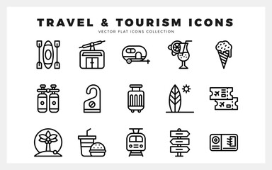 15 Travel and Tourism Lineal icons pack. vector illustration.