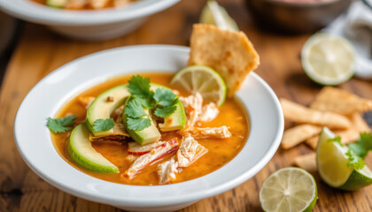 Bowl of spicy seafood soup garnished with avocado slices, cilantro, and lime wedges, served with crispy tortilla chips rustic wooden table, evoking fresh and flavorful Mexican cuisine experience
