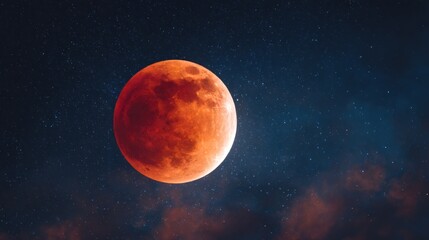Blood moon, a reddish lunar eclipse against a starry night sky