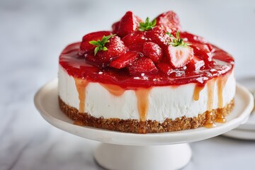 Delicious strawberry cheesecake with fresh berries on top.