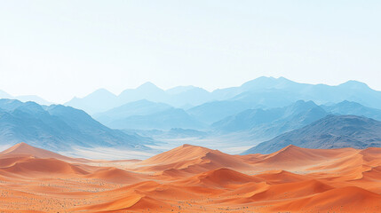 Naklejka premium stunning desert landscape featuring rippling sand dunes in vibrant orange hues, set against backdrop of distant blue mountains. serene atmosphere evokes sense of tranquility and vastness