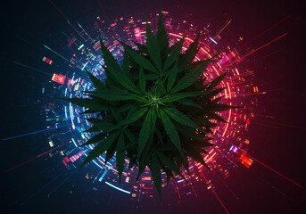 鮮やか発光 大麻葉 未来都市幻想