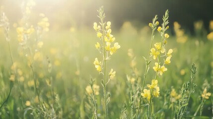 Fototapeta premium Delicate Yellow Wildflowers Blooming in a Lush Green Field Under Soft Sunlight