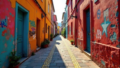 Fototapeta premium Sunlit alley, vibrant colors; peeling paint, graffiti hints , wall, street, red