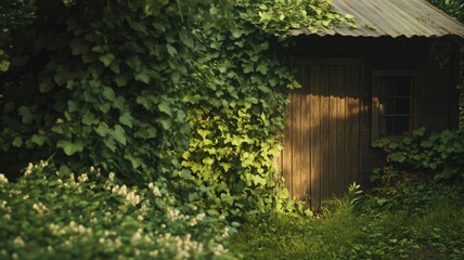 Dense Vines and Plants Covering a Rustic Wooden Shed Surrounded by Lush Greenery in Nature