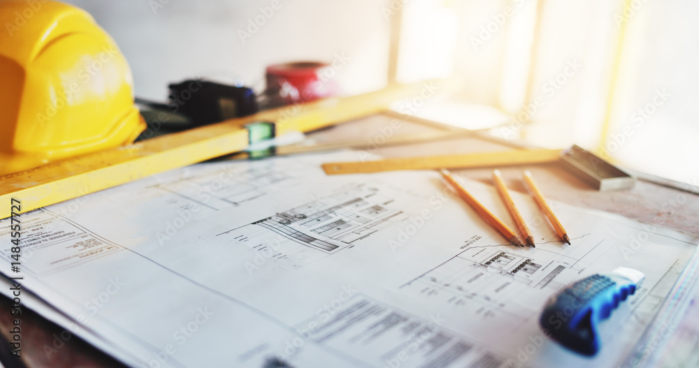 Poster architecture, blueprint and drawing equipment on table for building renovation, design illustration 