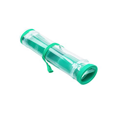 Rolled-up Teal Yoga Mat in Protective Clear Case with Green Strap