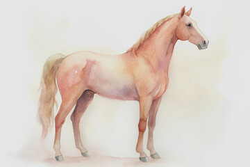 Watercolor painting depicting a graceful horse in standing pose against soft background