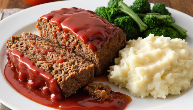 Classic meatloaf served with mashed potatoes and broccoli on white plate, topped with rich tomato sauce, evoking comfort food and home cooked meal feelings
