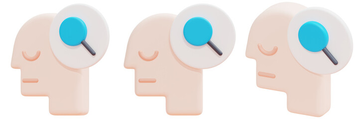 Set of Peach Colored Heads with Blue Magnifying Glasses Illustrating a Search Process 3d Render Icon Illustration