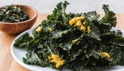 Plate of cooked kale with lemon zest served white dish with bowl of seaweed salad background fresh and healthy food vibrant green color nutritious vegetable kitchen setting natural light close up