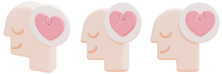 Set of Peach Colored Heads with Pink Hearts 3d Render Icon Illustration