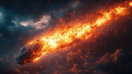 Fototapeta premium A massive asteroid hurtles through space towards a distant planet, its fiery trail illuminating the darkness, suggesting a cosmic event of immense scale and potential impact