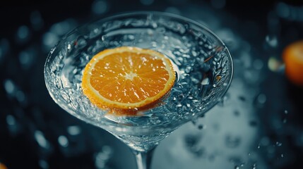 A close-up of a martini glass filled with a dark cocktail, garnished with a curled orange peel.
