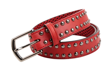 Stylish Red Leather Belt with Metallic Stud Embellishments on Transparent Background, AI Generated
