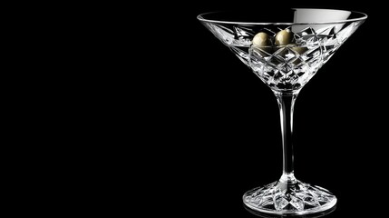 A close-up of a martini glass filled with clear liquid, featuring two green olives with pimentos floating inside.