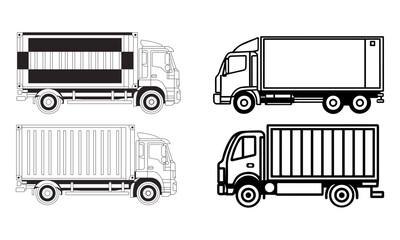 Container Truck Line Art Set  Vector Illustration of Delivery and Cargo Vehicles