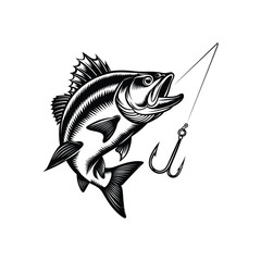 Illustration of a bass fish with a fishing hook on a white background